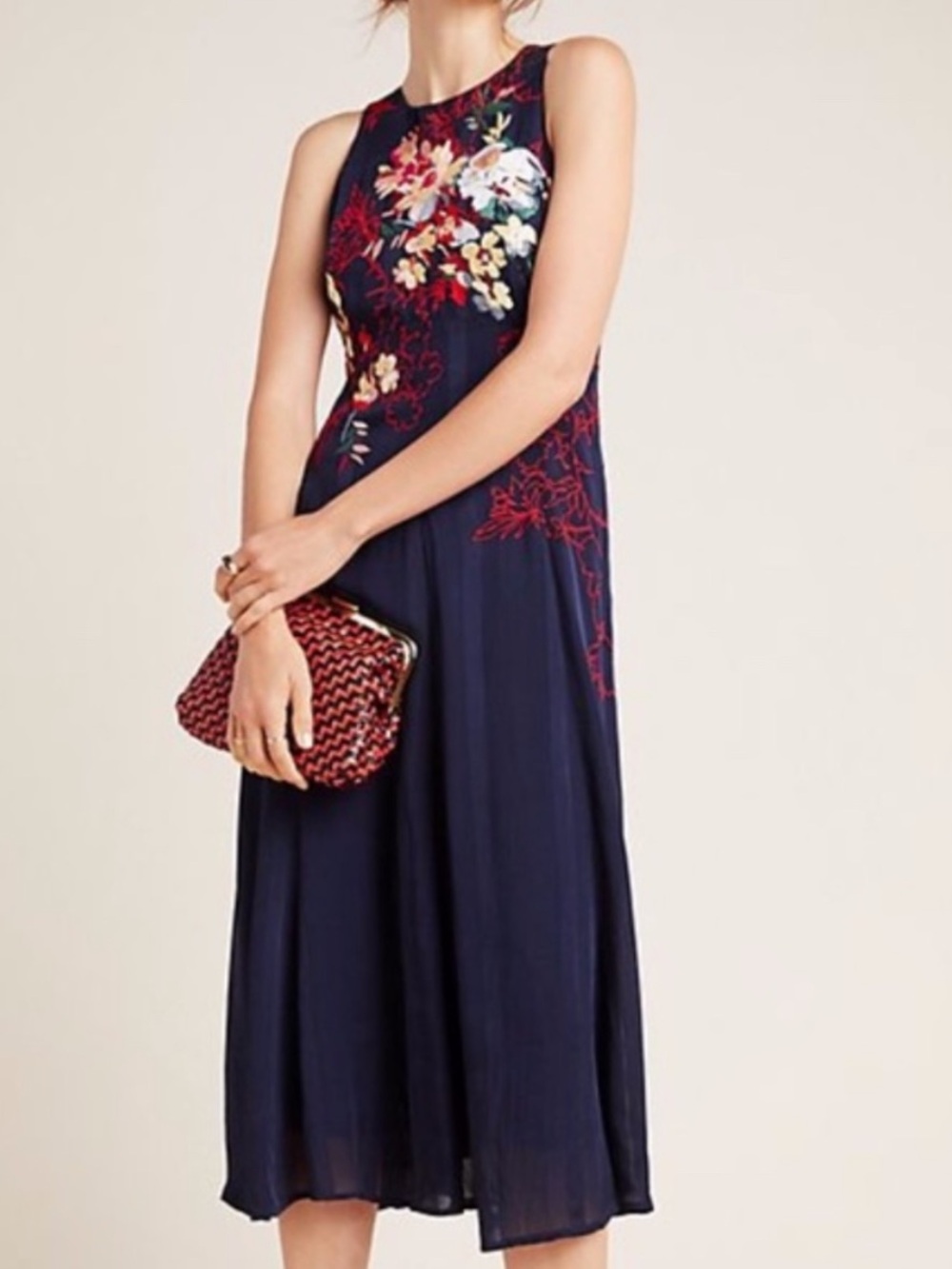 Anthropologie Tanzine Embroidered Midi Dress Navy Floral Size US 10